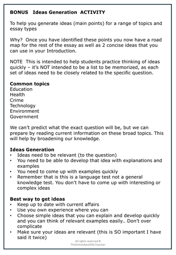 Writing Skills for IELTS/ESL adult students - Ideas Generation for ...