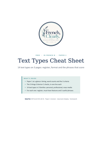 FREE IB French B Paper 1 Text Types Cheat Sheet – 14 Text Types ...