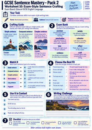 Edexcel GCSE English Language 1EN0 | Sentence Mastery Pack 2 | 10 Grammar & Writing Worksheets
