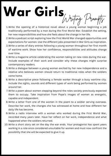 War Girls by Jessie Pope Creative Writing Prompts | Teaching Resources