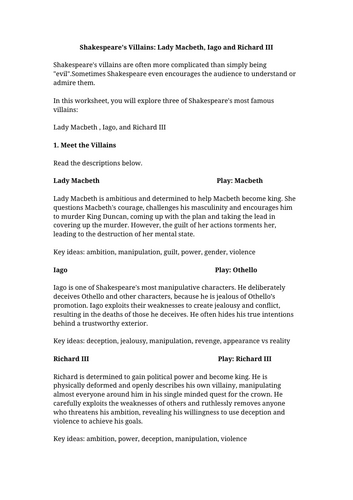 Shakespeare's Villains Worksheet