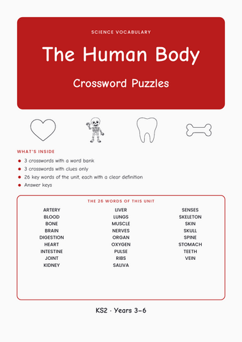 Human Body Crossword KS2 Science | 9 Sheets | Teaching Resources