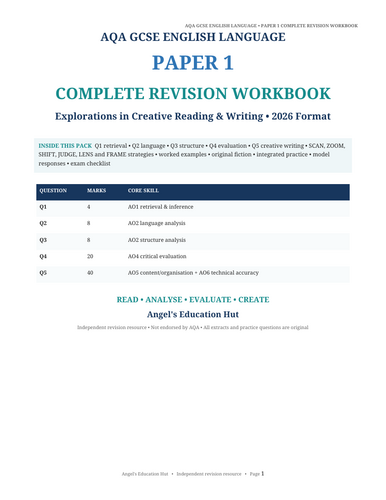 AQA GCSE English Language Paper 1 Complete Revision Workbook | Questions 1–5 | 2026 Exam Format