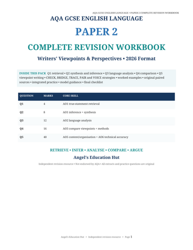 AQA GCSE English Language Paper 2 Complete Revision Workbook | Questions 1–5 | 2026 Exam Format