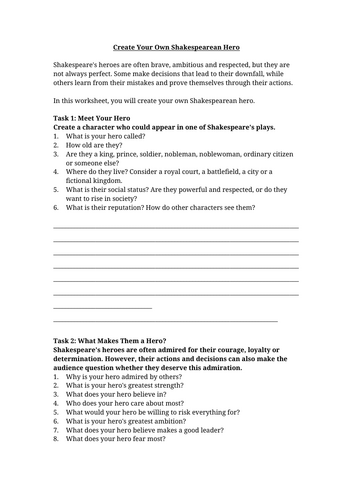 Create Your Own Shakespearean Hero Worksheet