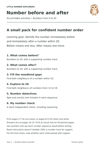 Number Before and After to 20 | Year 1 Maths Worksheets | Teaching ...
