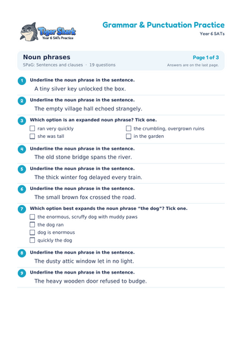 Noun Phrases Worksheet: Year 6 SATs SPaG | Teaching Resources