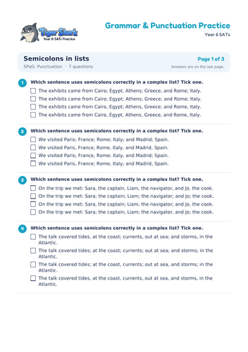 Semicolons in Lists Worksheet: Year 6 SPaG | Teaching Resources