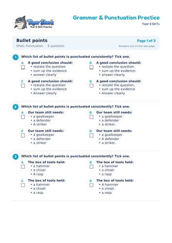 Bullet Points Worksheet: Year 6 SATs SPaG | Teaching Resources
