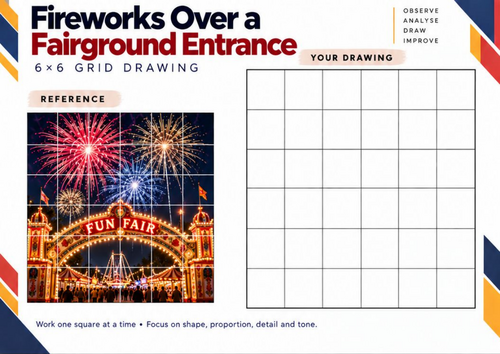 Fireworks Over a Fairground Entrance | Grid Drawing Worksheet | KS3 ...