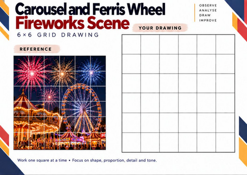 Carousel and Ferris Wheel Fireworks Scene | Grid Drawing Worksheet ...