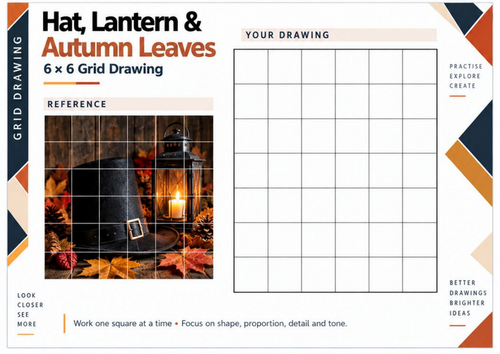 Guy Fawkes Hat Lantern and Autumn Leaves Grid Drawing Worksheet | KS3 ...