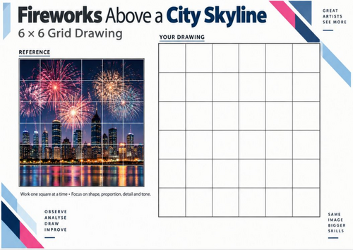 Fireworks Grid Drawing Worksheets | 20 Cityscape Art Activities | KS3 ...