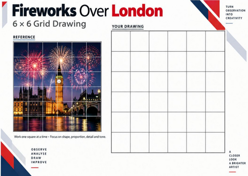Fireworks Over London | Big Ben Grid Drawing Worksheet | KS3 & KS4 Art ...