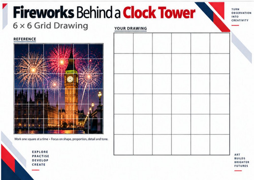 Fireworks Behind a Clock Tower | Grid Drawing Worksheet | KS3 & KS4 Art ...