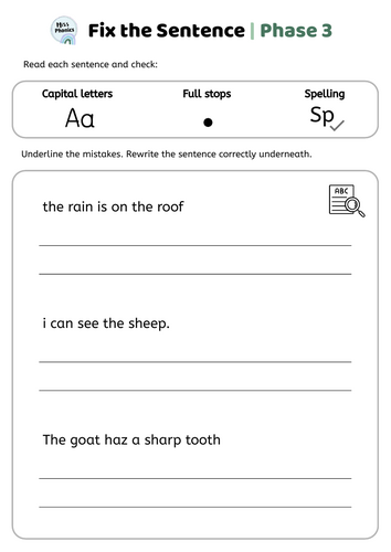 Fix the Sentence – Phase 3 Phonics | 40 Proofreading Worksheets ...
