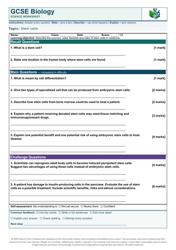 AQA GCSE Biology Stem Cells Worksheet with Answers | Differentiation ...