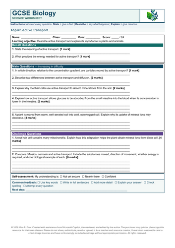 Active Transport Worksheet | AQA GCSE Biology | Questions, Answers ...