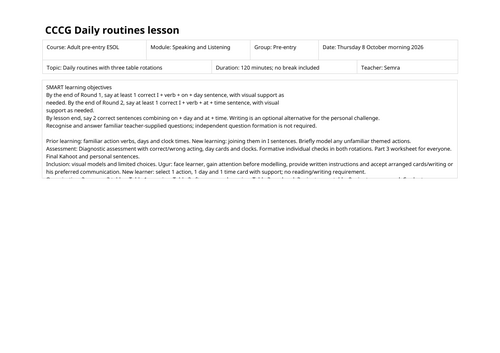 Daily Routines; Basic sentence building using; Pronoun I, Action Verbs ...