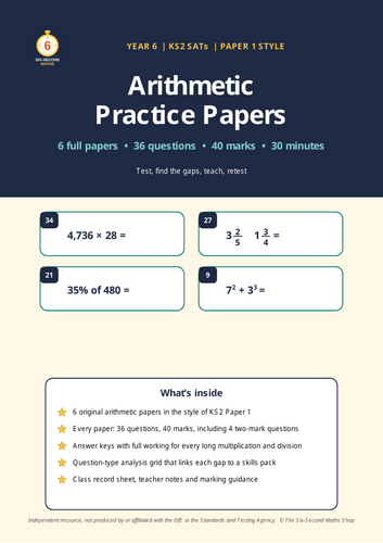 Year 6 SATs Arithmetic Practice Papers | 6 Full Papers, 36 Questions ...