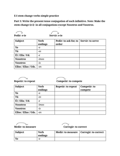 E-I stem change verbs simple practice | Teaching Resources