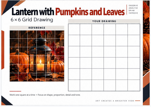 Lantern with Pumpkins and Leaves Grid Drawing Worksheet – KS3 & KS4 Art ...