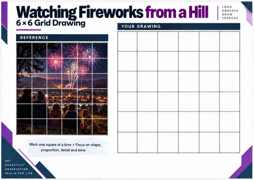 Watching Fireworks from a Hill Grid Drawing Worksheet | KS3 & KS4 Art ...
