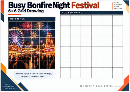 Busy Bonfire Night Festival Grid Drawing Worksheet | KS3 & KS4 Art ...