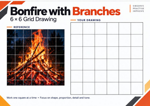 Bonfire with Branches Grid Drawing Worksheet | Nature Art Activity ...