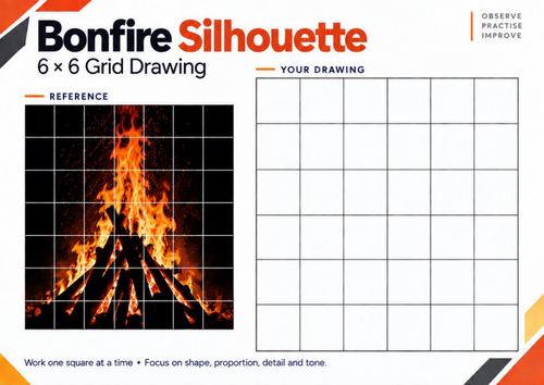 Bonfire Silhouette Grid Drawing Worksheet | Contrast Art Activity | KS3 ...
