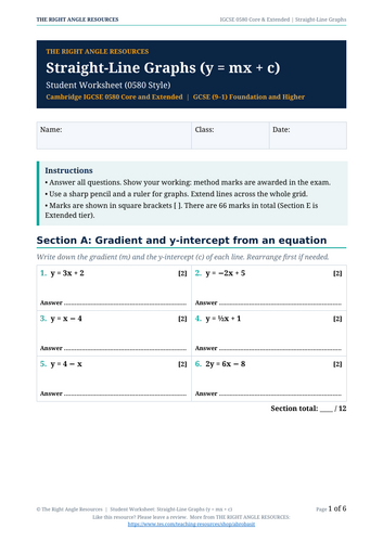 Straight-Line Graphs (y = mx + c) | Complete Pack (IGCSe 0580 / GCSE ...