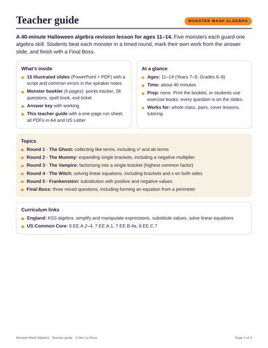 Halloween Algebra Revision: Like Terms, Expanding, Factorising ...