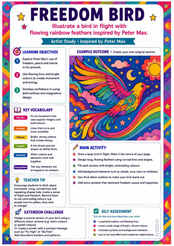 Peter Max Freedom Bird Art Worksheet | Colourful Bird Drawing | KS3 Pop ...