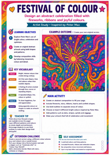 Peter Max Festival of Colour Worksheet | Abstract Pop Art Drawing | KS3 ...