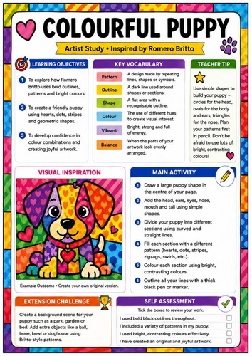 Romero Britto Inspired Colourful Puppy Worksheet | KS3 Pop Art Animal ...