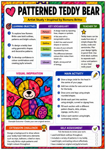Romero Britto Inspired Patterned Teddy Bear Worksheet | KS3 Pop Art ...