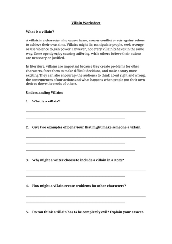 Introduction to Villains Worksheet