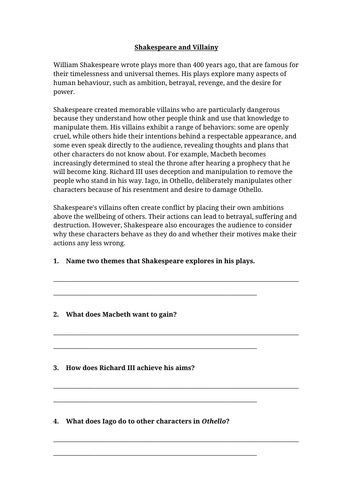 Shakespeare and Villainy Worksheet