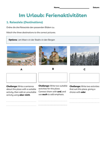 German KS3 / GCSE: Holiday Activities & Conjunctions Worksheets (Im ...