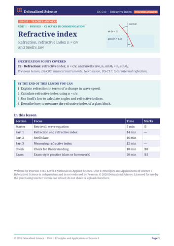 BTEC Applied Science Unit 1 Physics: Refractive index (C10) - worksheet ...