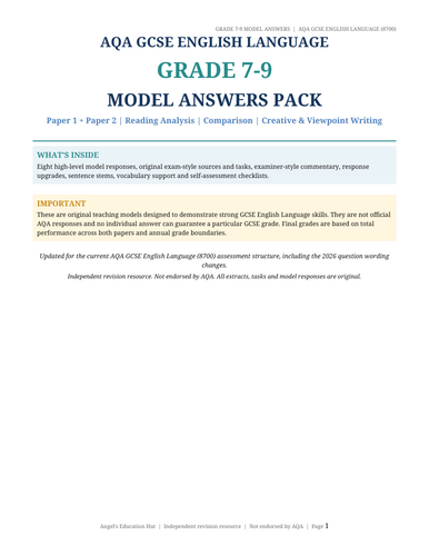 AQA GCSE English Language Grade 7–9 Model Answers Pack | Paper 1 & 2 | High-Level Responses