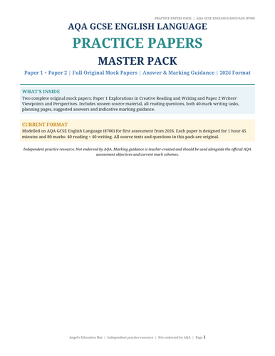 AQA GCSE English Language Practice Papers Pack | Paper 1 & Paper 2 | Full Mock Exams | 2026 Format