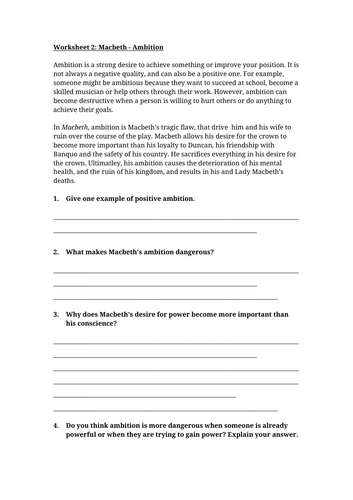 Macbeth Ambition Worksheet