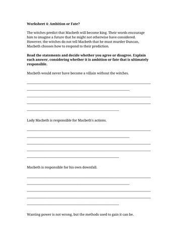 Macbeth Ambition or Fate Worksheet