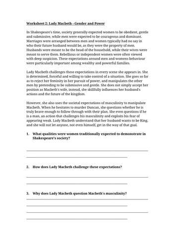 Lady Macbeth - Gender and Power Worksheet