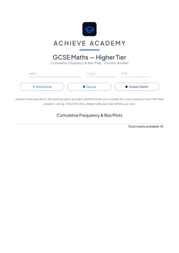 Cumulative Frequency & Box Plots GCSE Maths Higher Booklet + Mark ...