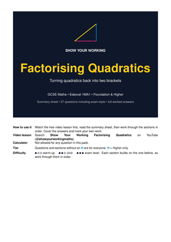 Factorising Quadratics GCSE Maths Revision Pack | Edexcel 1MA1 | Worked ...