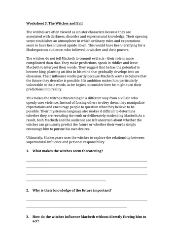 The Witches and Evil in Macbeth Worksheet