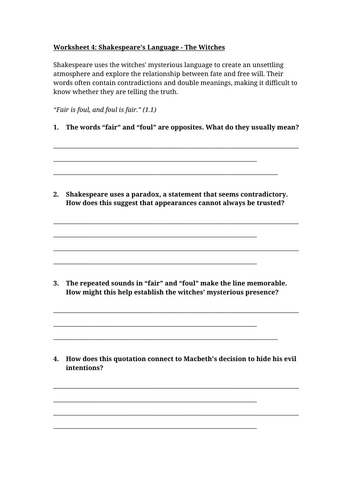 Macbeth, The Witches Language Worksheet