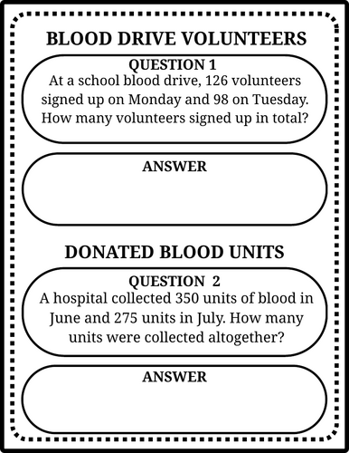Blood Donation Math Word Problems | 40 Questions & Answer Key ...